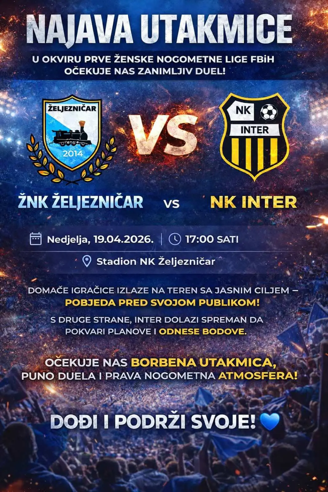 Derbi na Adama u nedjelju: u 17:00 sati duel dvije prvoplasirane ekipe Prve lige FBiH za žene Derbi na Adama u nedjelju: u 17:00 sati duel dvije prvoplasirane ekipe Prve lige FBiH za žene