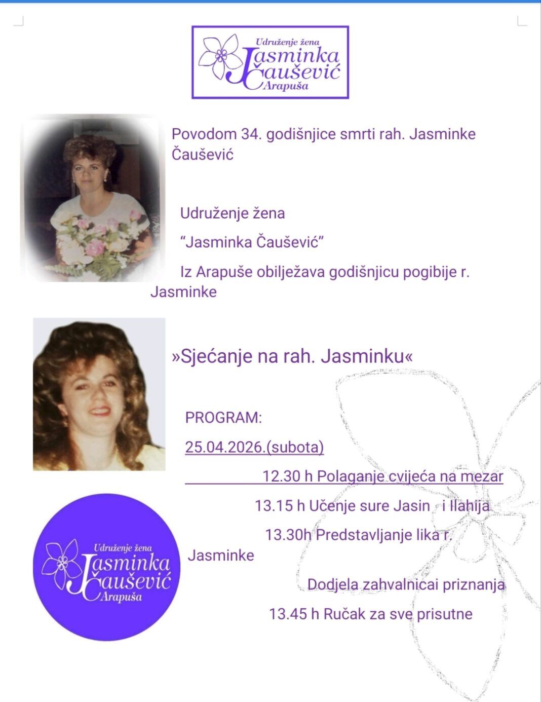 Sjećanje na rahmetli Jasminku Čaušević – obilježavanje 34. godišnjice Sjećanje na rahmetli Jasminku Čaušević – obilježavanje 34. godišnjice